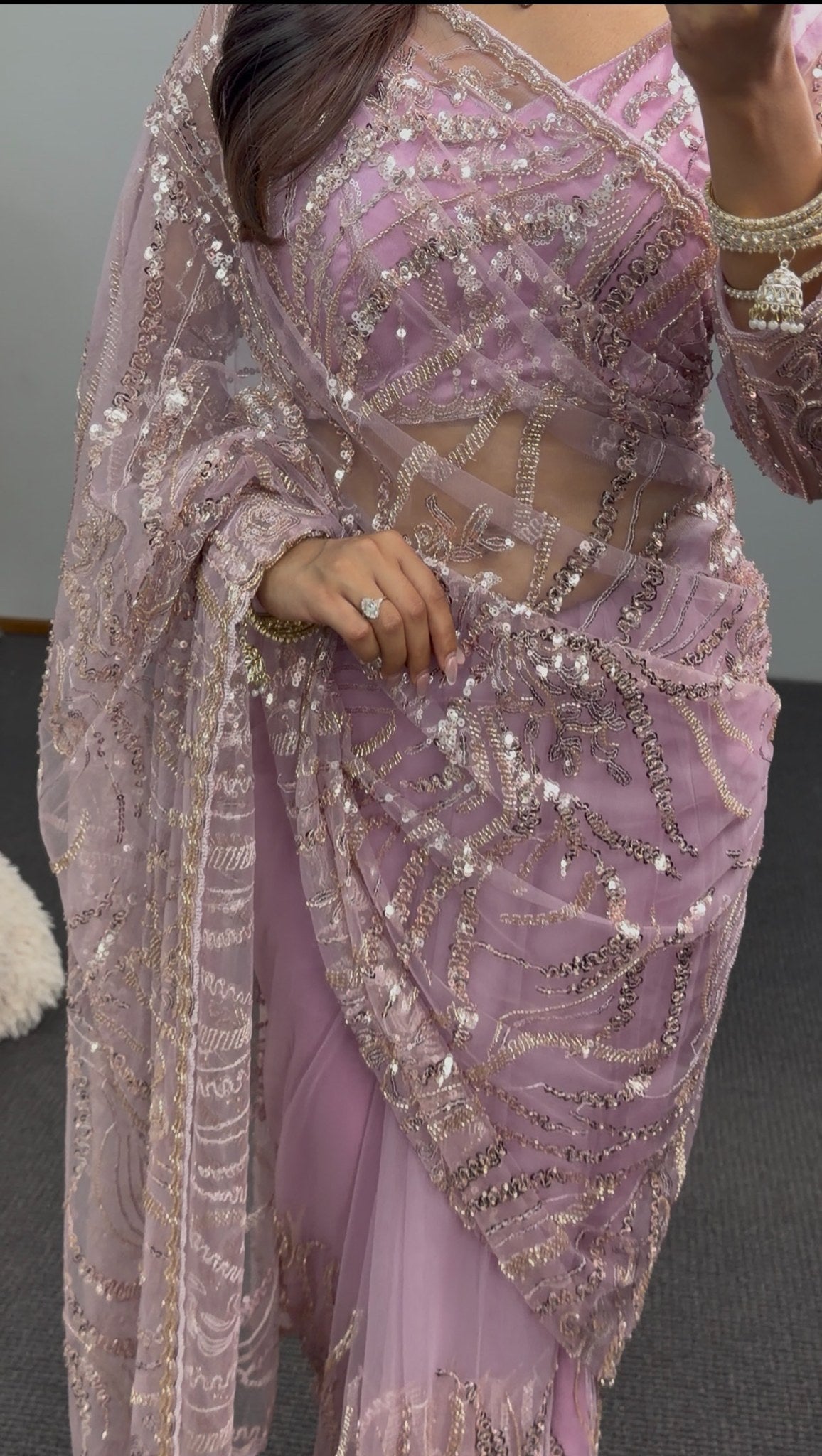 Mauve pink net saree with sequin and zari embroidery draped elegantly — Behuli Australia festive ethnic wear — view 7