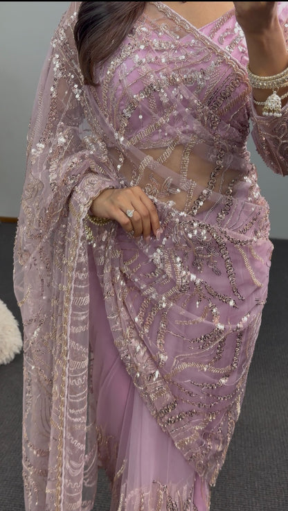 Mauve pink net saree with sequin and zari embroidery draped elegantly — Behuli Australia festive ethnic wear — view 7