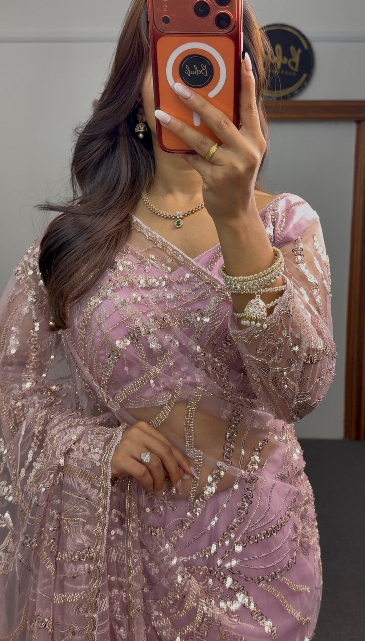 Mauve pink net saree with sequin and zari embroidery draped elegantly — Behuli Australia festive ethnic wear — view 8