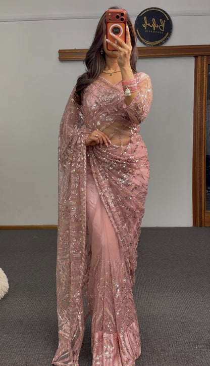 Mauve pink net saree with sequin and zari embroidery draped elegantly — Behuli Australia festive ethnic wear — view 9