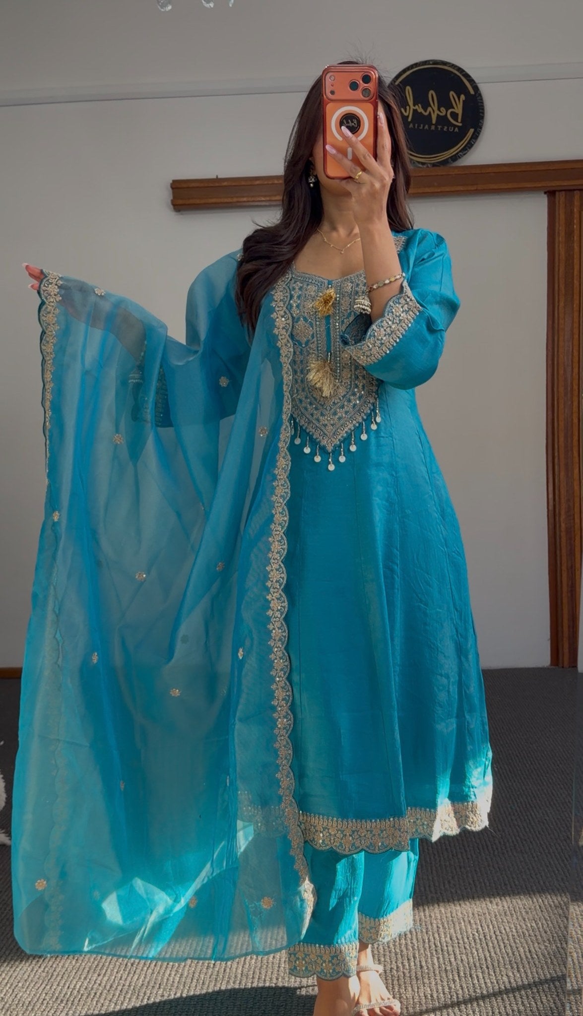 Teal turquoise Anarkali suit set with gold embroidered neckline, lace hem border and matching sheer dupatta — Behuli