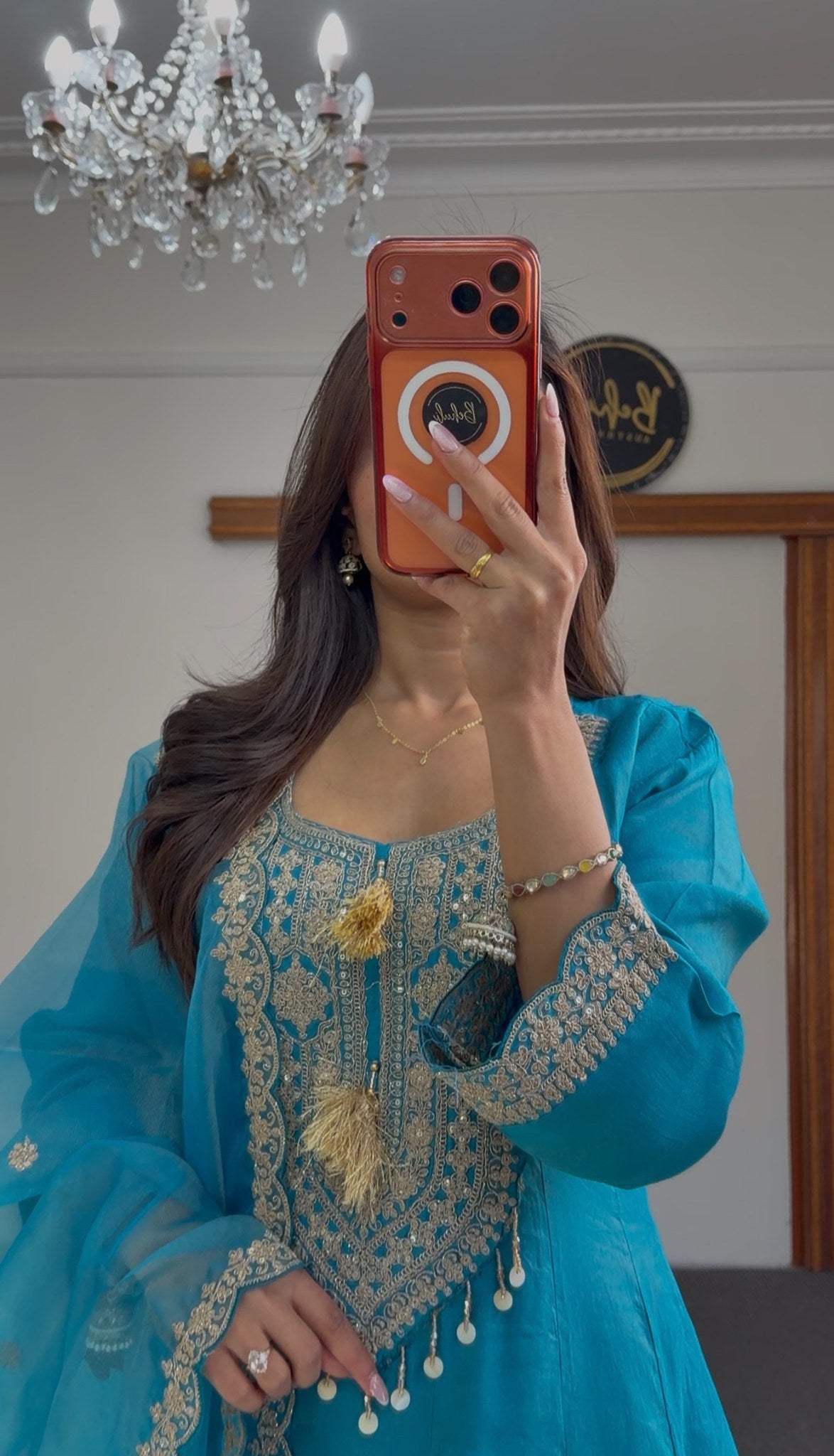 Teal turquoise Anarkali suit set with gold embroidered neckline, lace hem border and matching sheer dupatta — Behuli — view 2