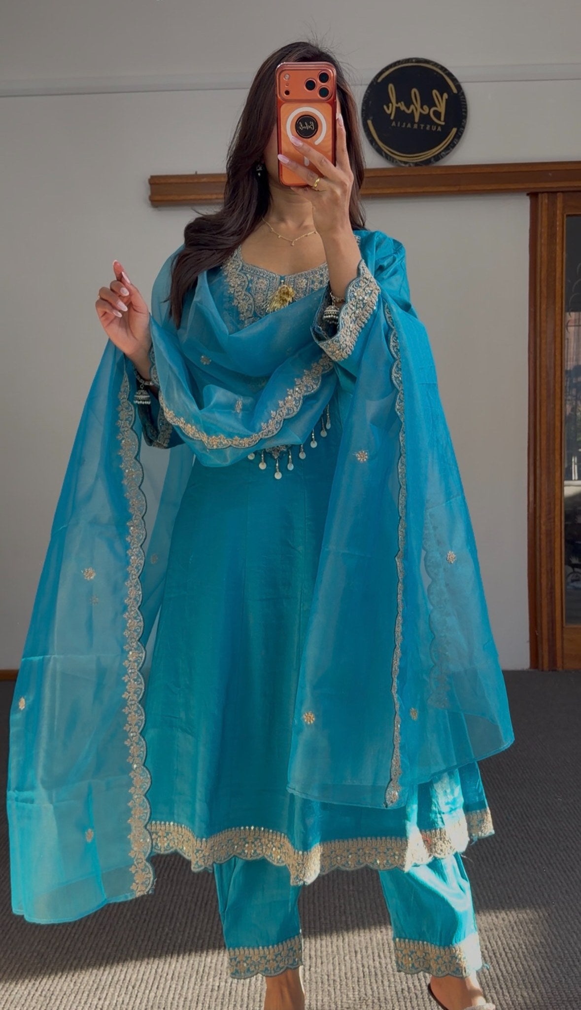 Teal turquoise Anarkali suit set with gold embroidered neckline, lace hem border and matching sheer dupatta — Behuli — view 3