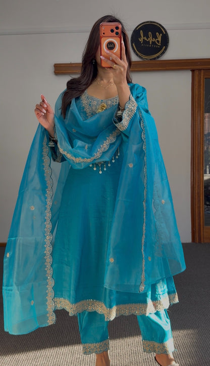 Teal turquoise Anarkali suit set with gold embroidered neckline, lace hem border and matching sheer dupatta — Behuli — view 3