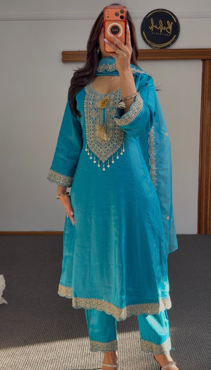 Teal turquoise Anarkali suit set with gold embroidered neckline, lace hem border and matching sheer dupatta — Behuli — view 4