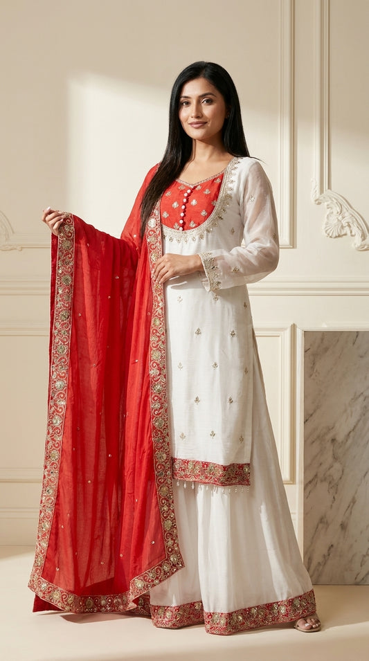 Ivory and red palazzo suit set with gold zari embroidery, red embroidered border trim and matching red dupatta — Behuli