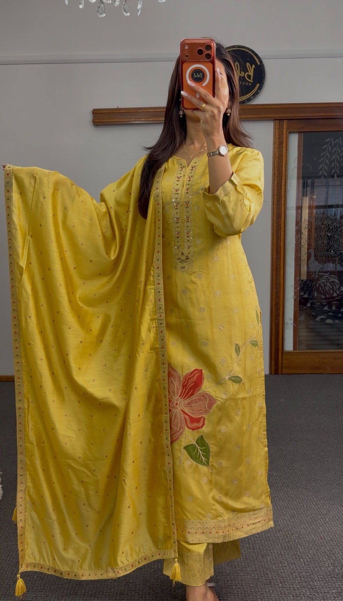 Mustard yellow kurti set with coral floral motif, sequin neckline embellishment and matching dupatta — Behuli Australia
