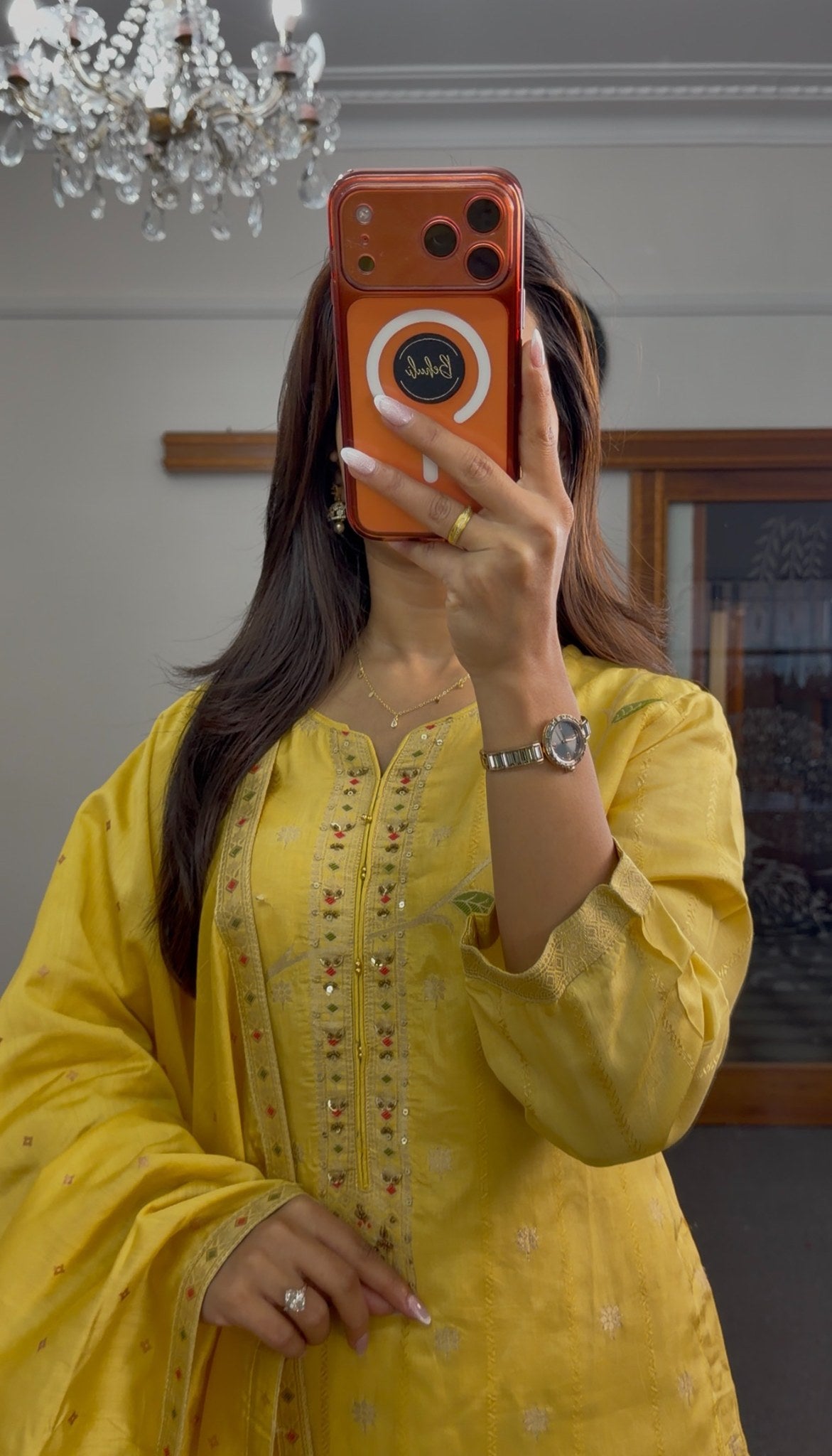 Mustard yellow kurti set with coral floral motif, sequin neckline embellishment and matching dupatta — Behuli Australia — view 3