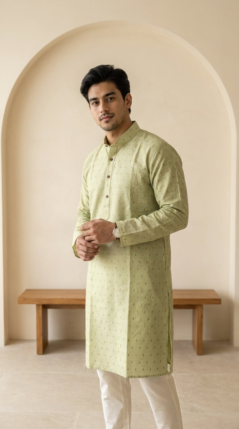 Pista green men's kurti with mandarin collar, printed motifs and button placket paired with white pants