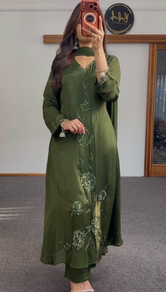 Olive green Anarkali suit with floral sequin embroidery and flowing silhouette — Behuli Australia