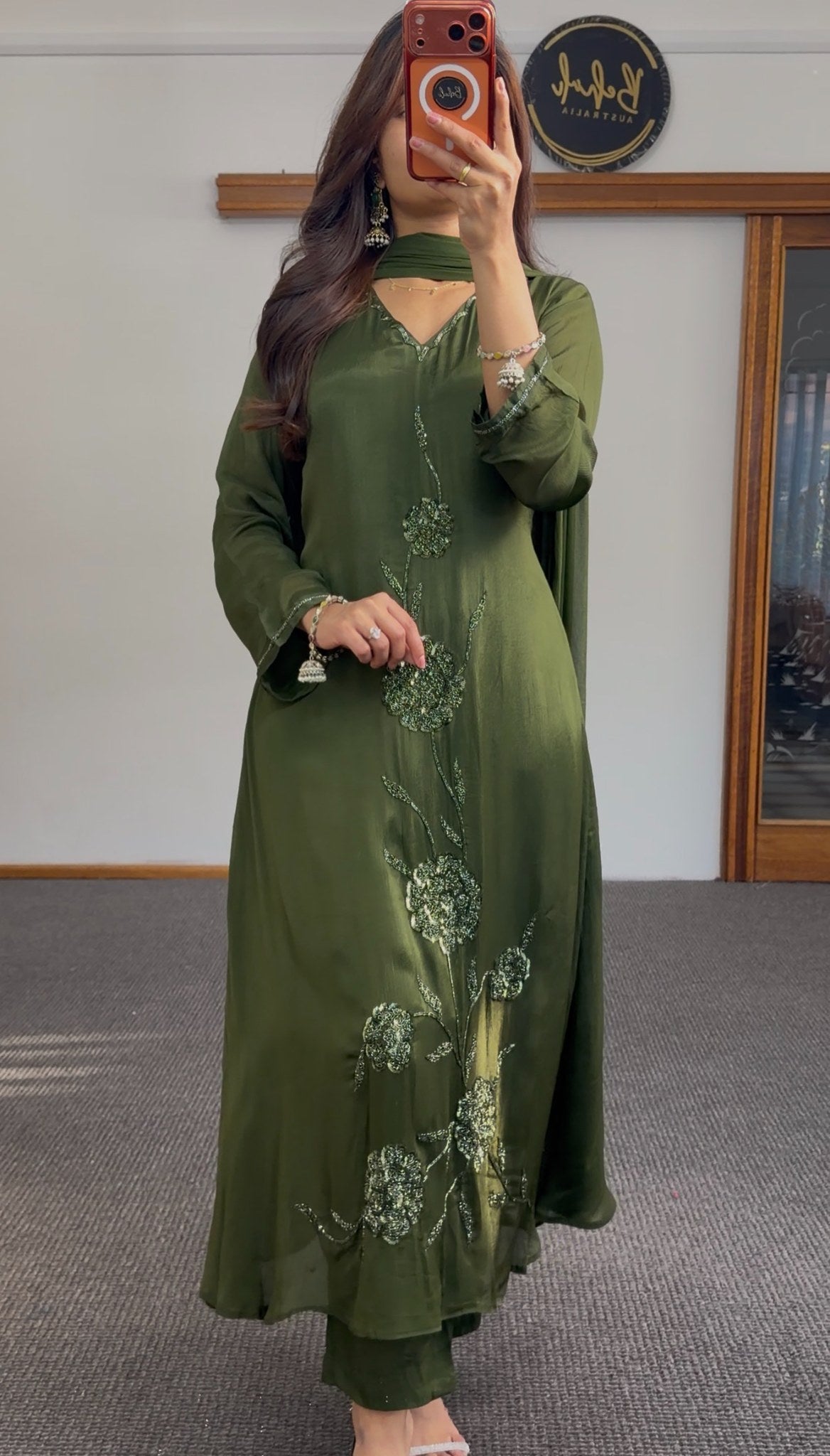 Olive green Anarkali suit with floral sequin embroidery and flowing silhouette — Behuli Australia