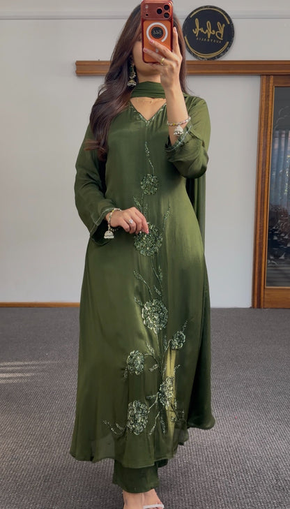 Olive green Anarkali suit with floral sequin embroidery and flowing silhouette — Behuli Australia