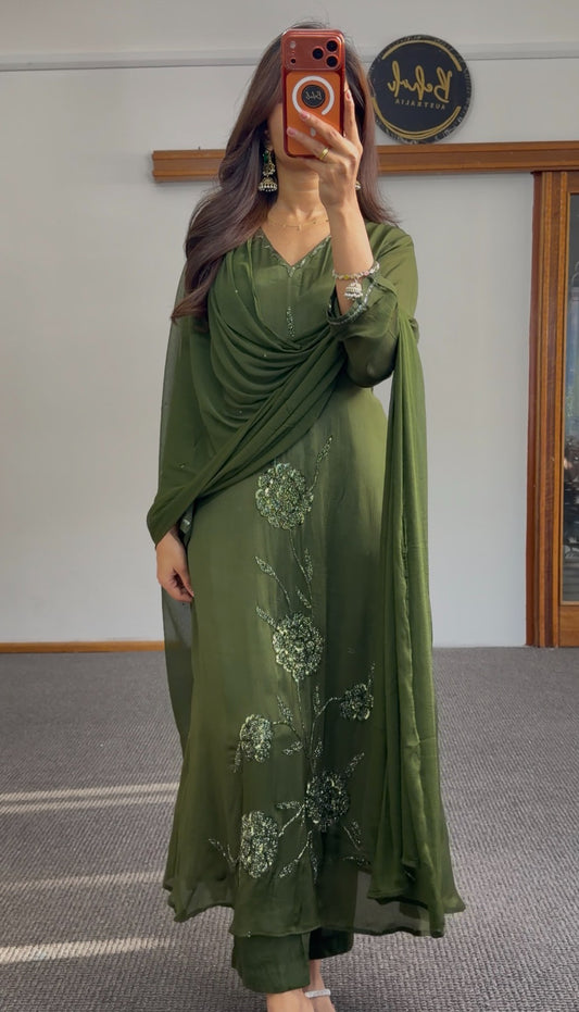 Olive green Anarkali suit with floral sequin embroidery and flowing silhouette — Behuli Australia — view 2