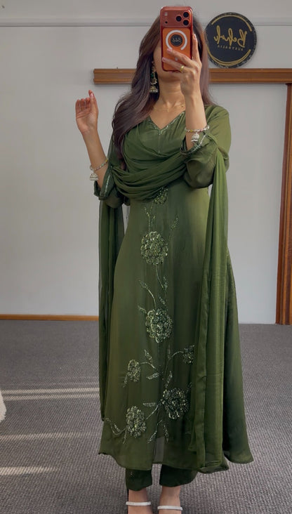 Olive green Anarkali suit with floral sequin embroidery and flowing silhouette — Behuli Australia — view 3