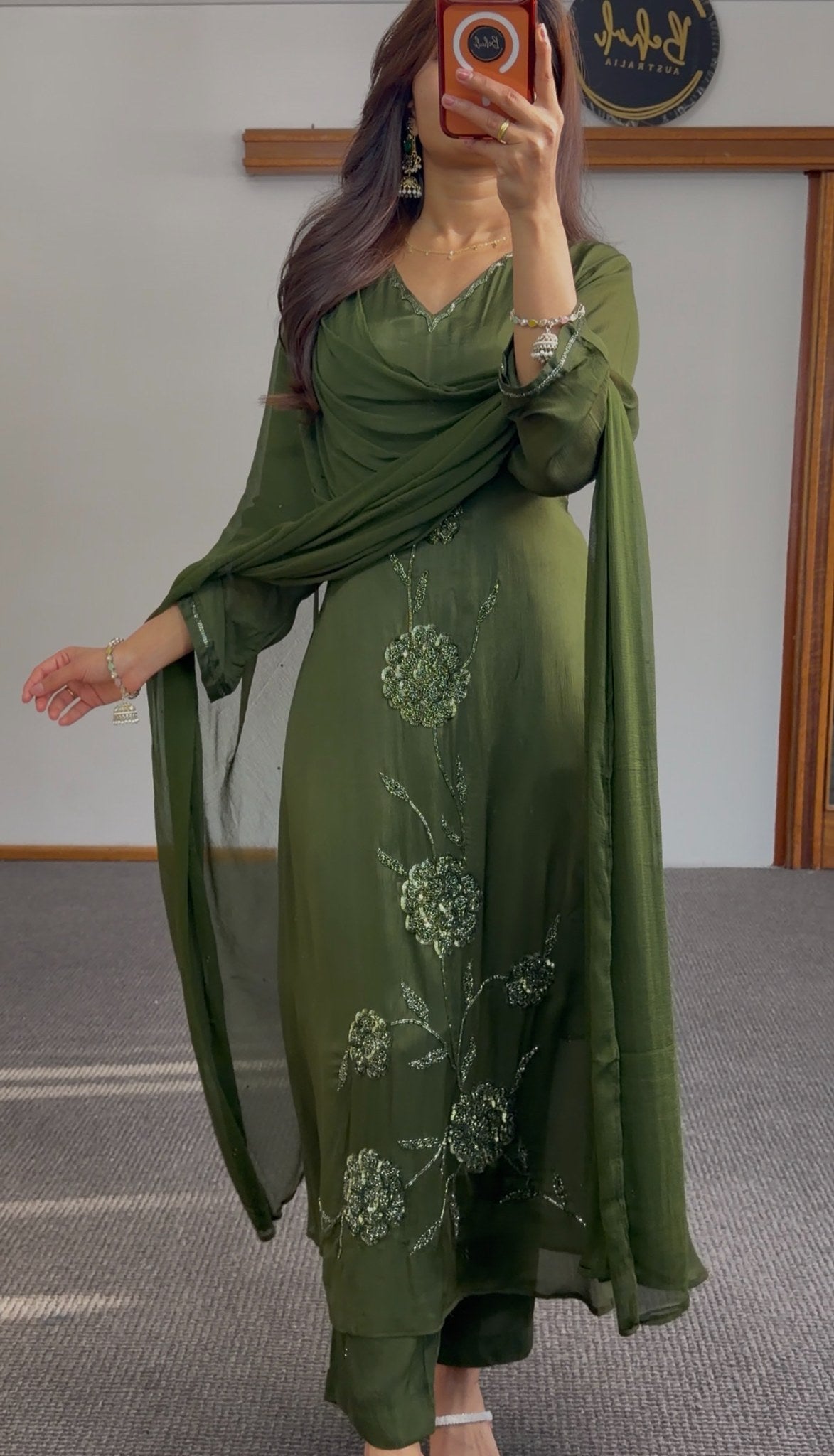 Olive green Anarkali suit with floral sequin embroidery and flowing silhouette — Behuli Australia — view 4