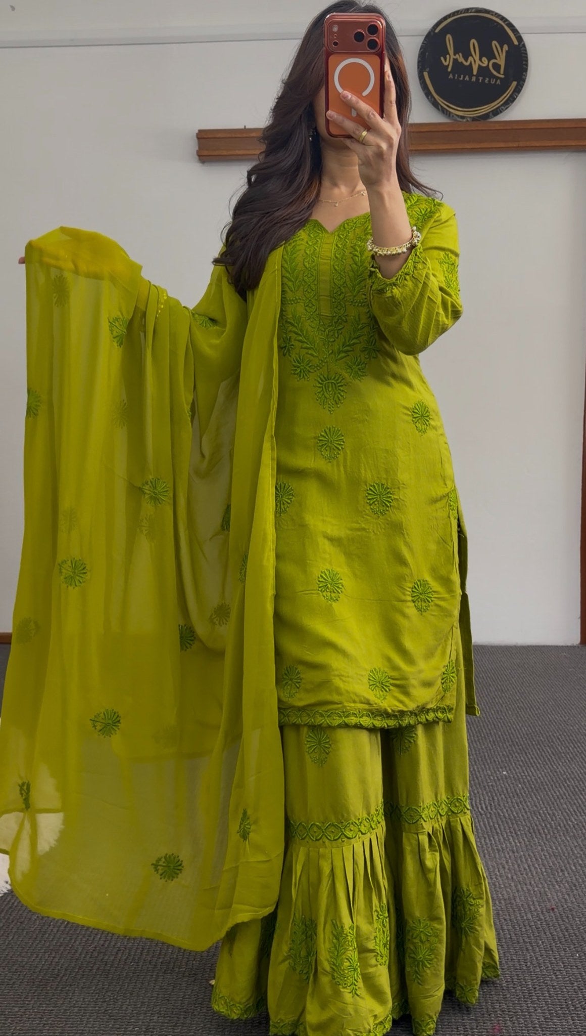 Mehendi green palazzo suit set with floral thread embroidery and sheer embroidered dupatta — Behuli Australia