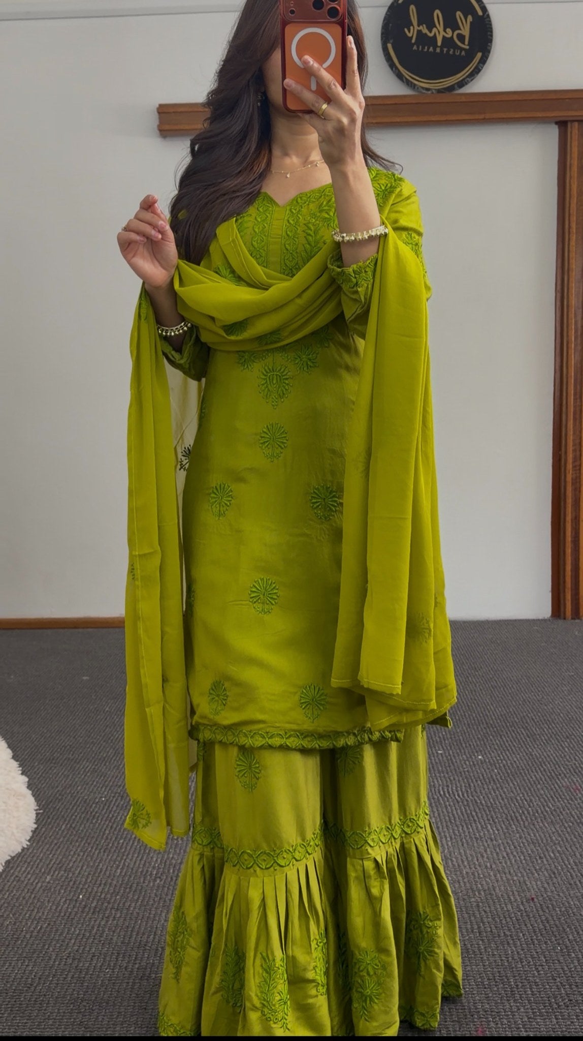 Mehendi green palazzo suit set with floral thread embroidery and sheer embroidered dupatta — Behuli Australia — view 2