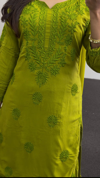 Mehendi green palazzo suit set with floral thread embroidery and sheer embroidered dupatta — Behuli Australia — view 3