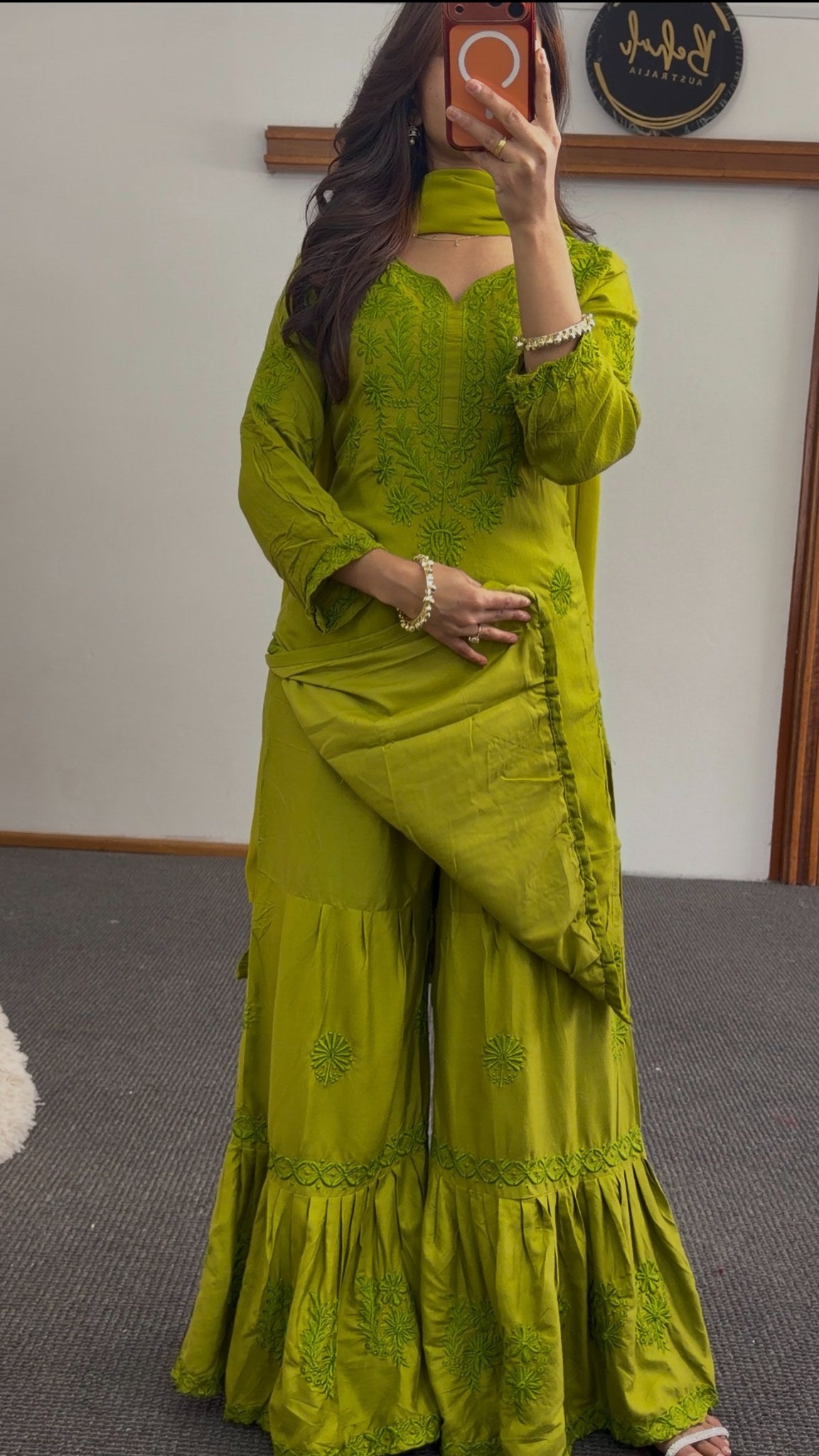 Mehendi green palazzo suit set with floral thread embroidery and sheer embroidered dupatta — Behuli Australia — view 4