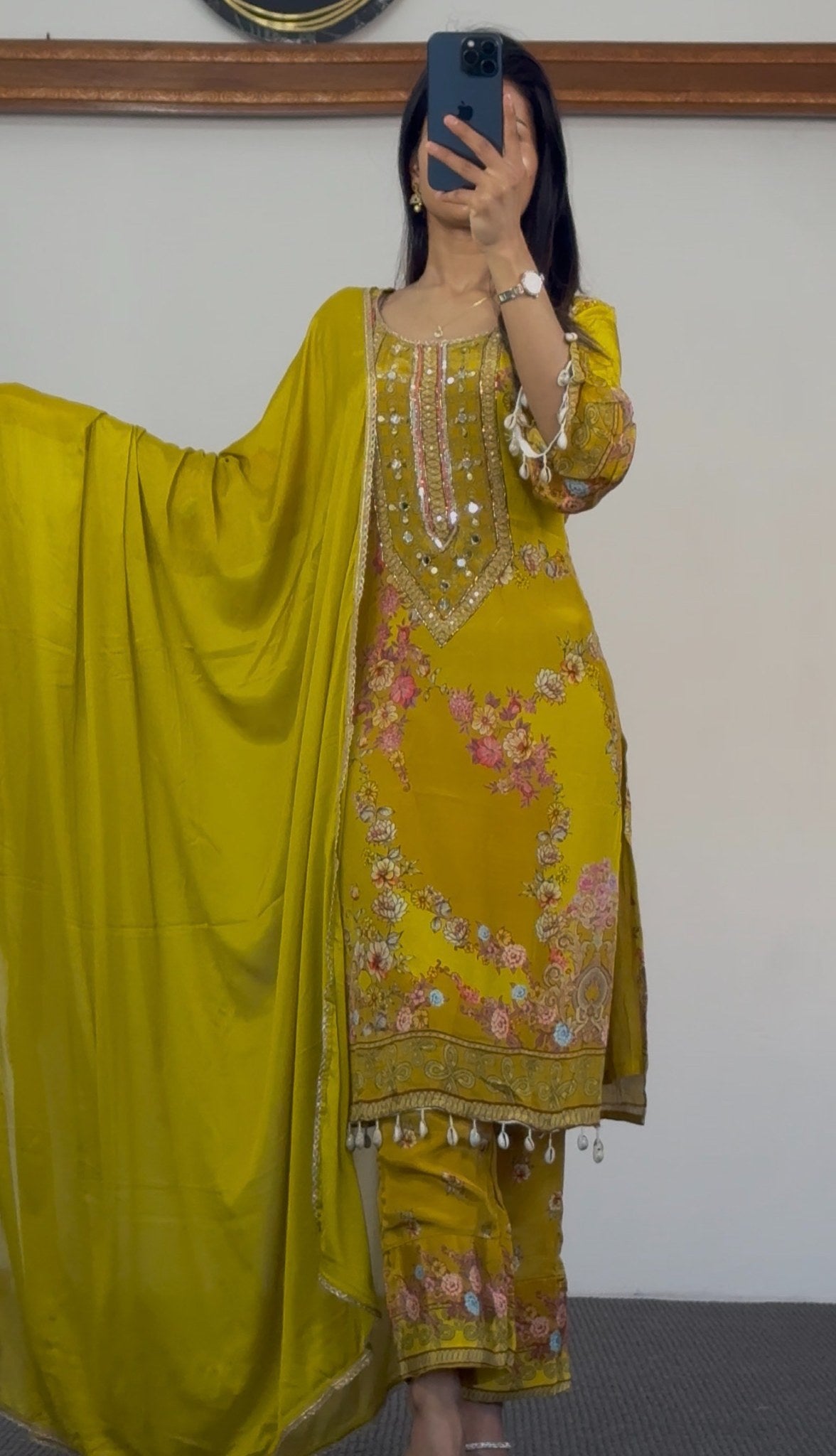 Mustard yellow floral print kurti set with mirror sequin neckline, shell tassel trim and matching mustard dupatta — Behuli
