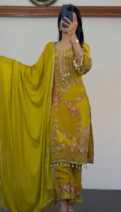 Mustard yellow floral print kurti set with mirror sequin neckline, shell tassel trim and matching mustard dupatta — Behuli