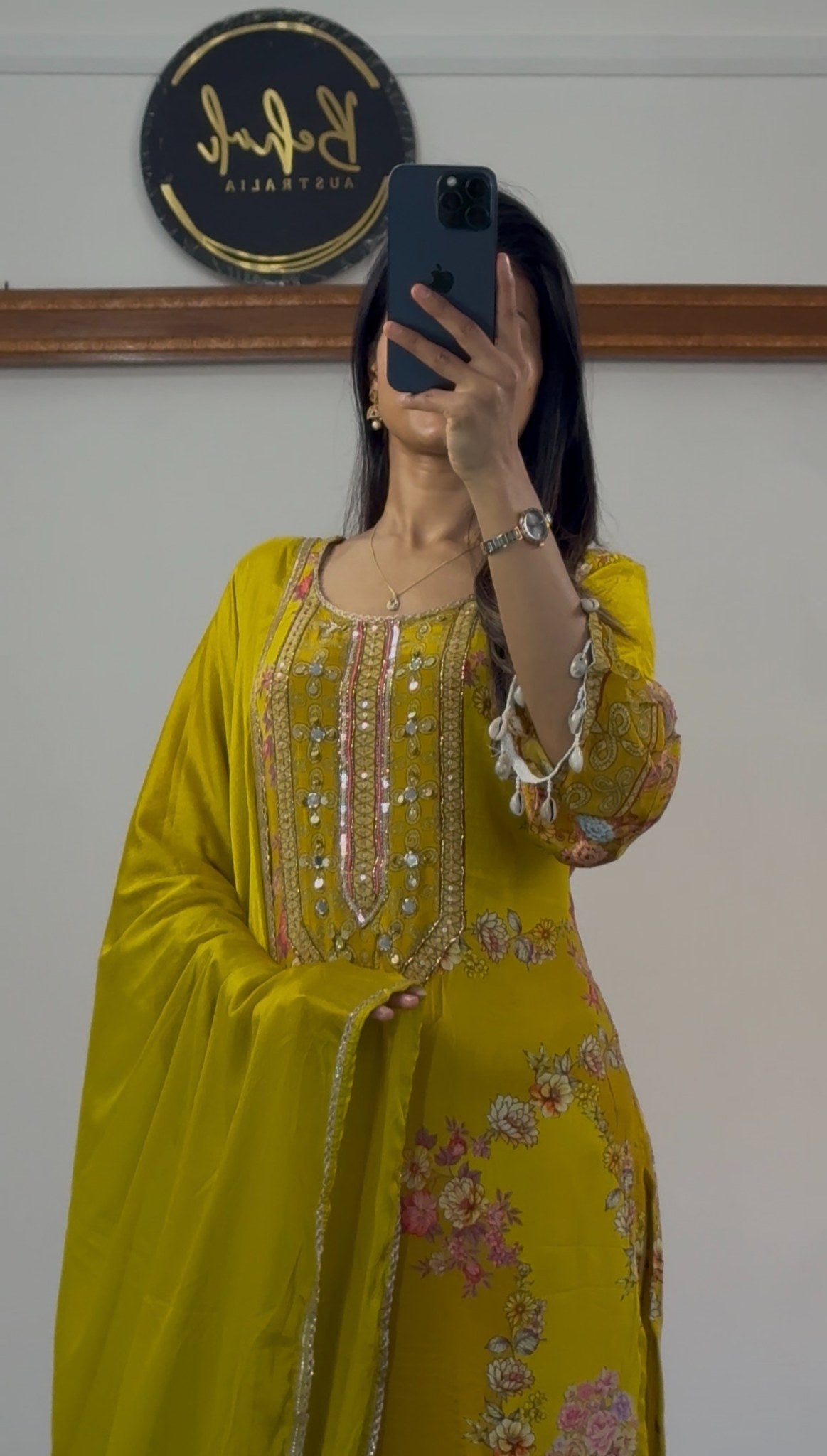Mustard yellow floral print kurti set with mirror sequin neckline, shell tassel trim and matching mustard dupatta — Behuli — view 2