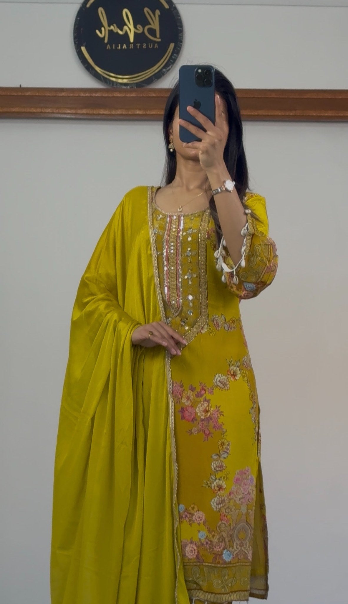 Mustard yellow floral print kurti set with mirror sequin neckline, shell tassel trim and matching mustard dupatta — Behuli — view 3