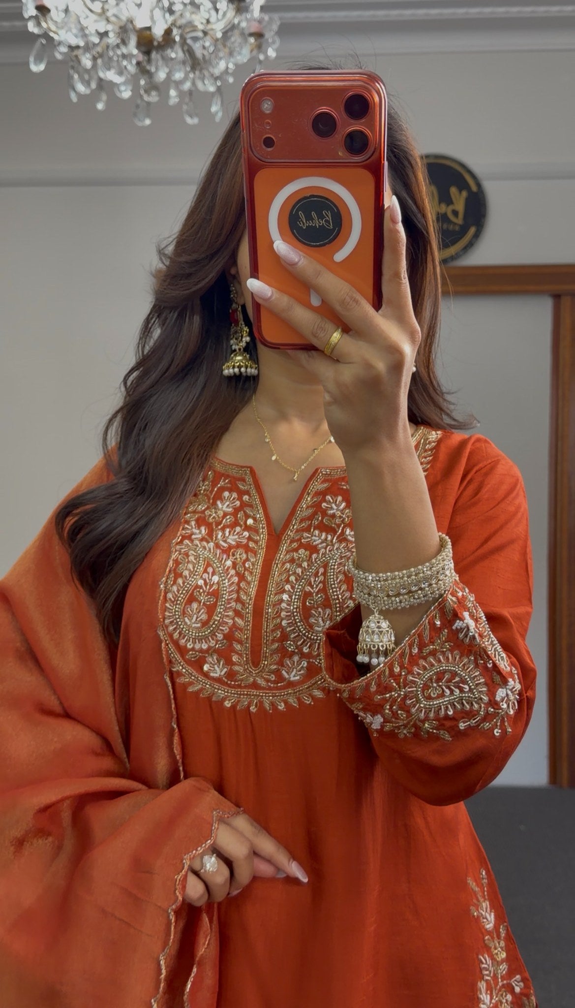 Rust orange palazzo suit set with gold embroidery at neckline, cuffs and hem border, styled with matching dupatta — Behuli — view 4