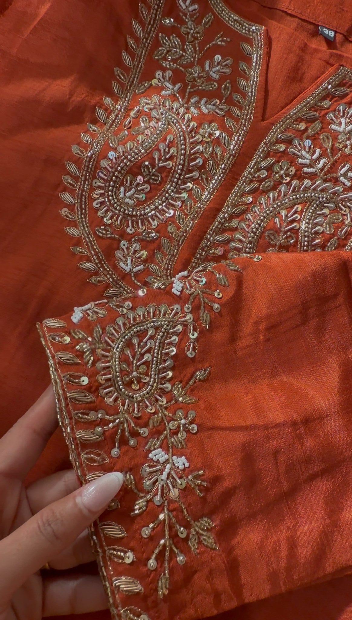 Rust orange palazzo suit set with gold embroidery at neckline, cuffs and hem border, styled with matching dupatta — Behuli — view 7