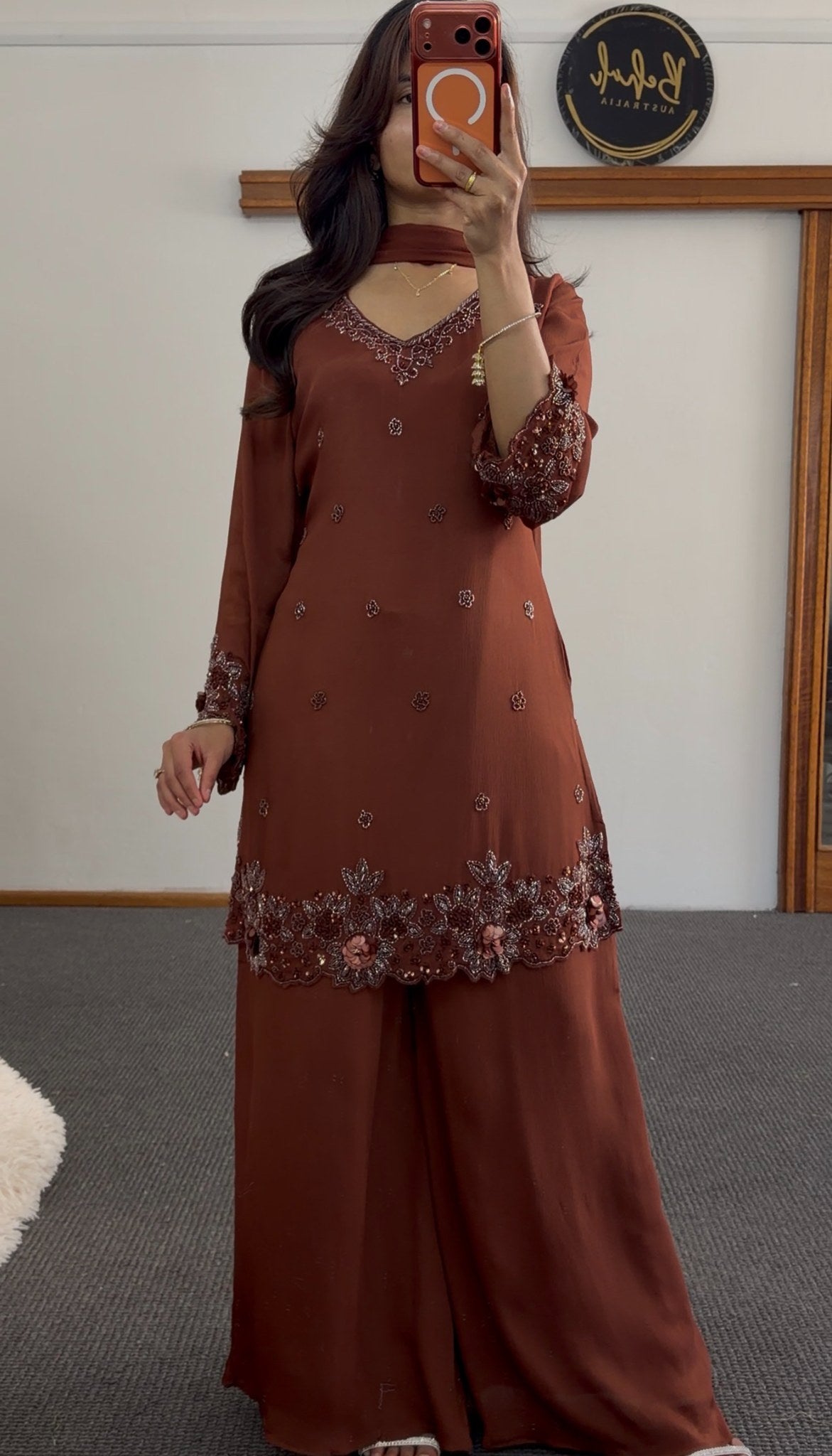 Rust brown palazzo suit set with floral embroidery, sequin work, and embellished scalloped hem — Behuli Australia
