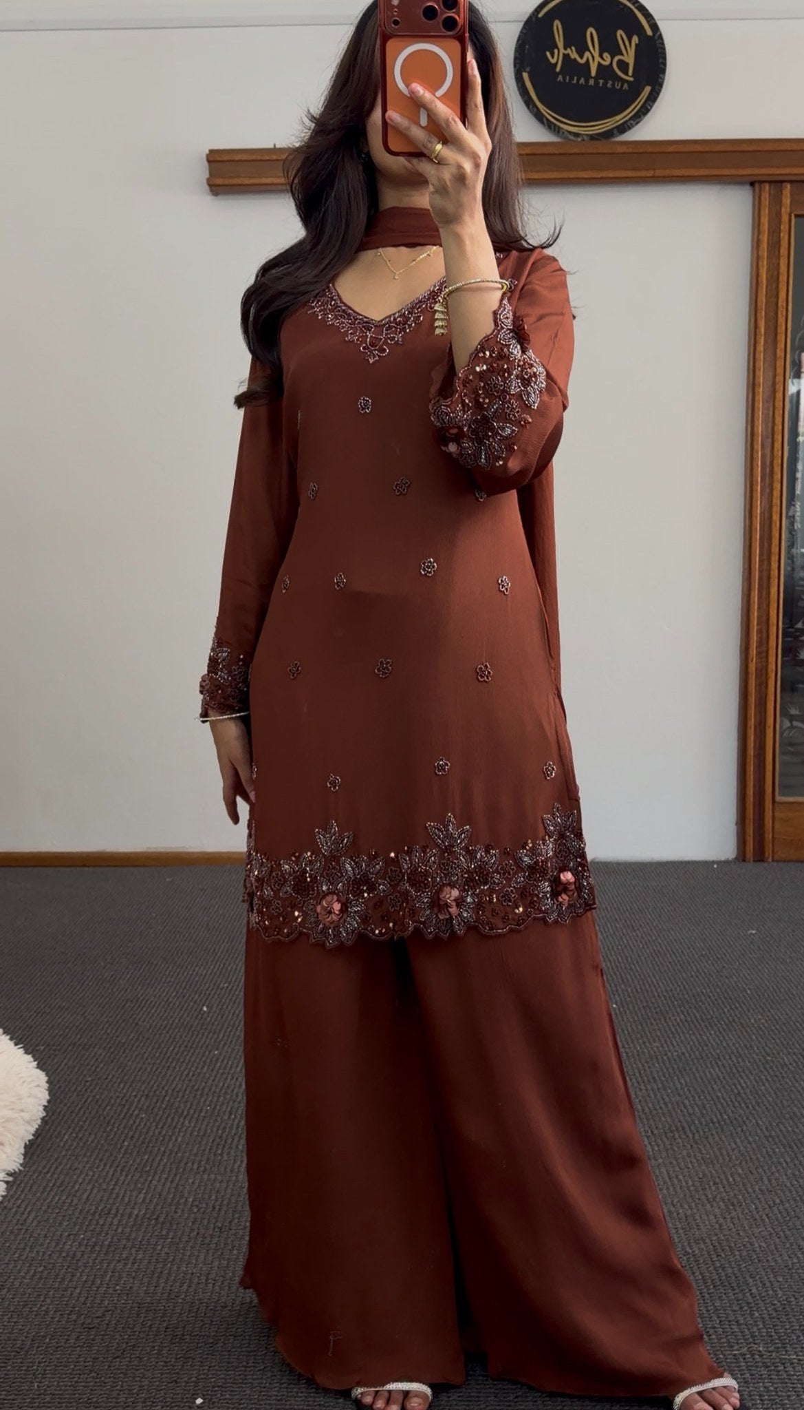 Rust brown palazzo suit set with floral embroidery, sequin work, and embellished scalloped hem — Behuli Australia — view 2