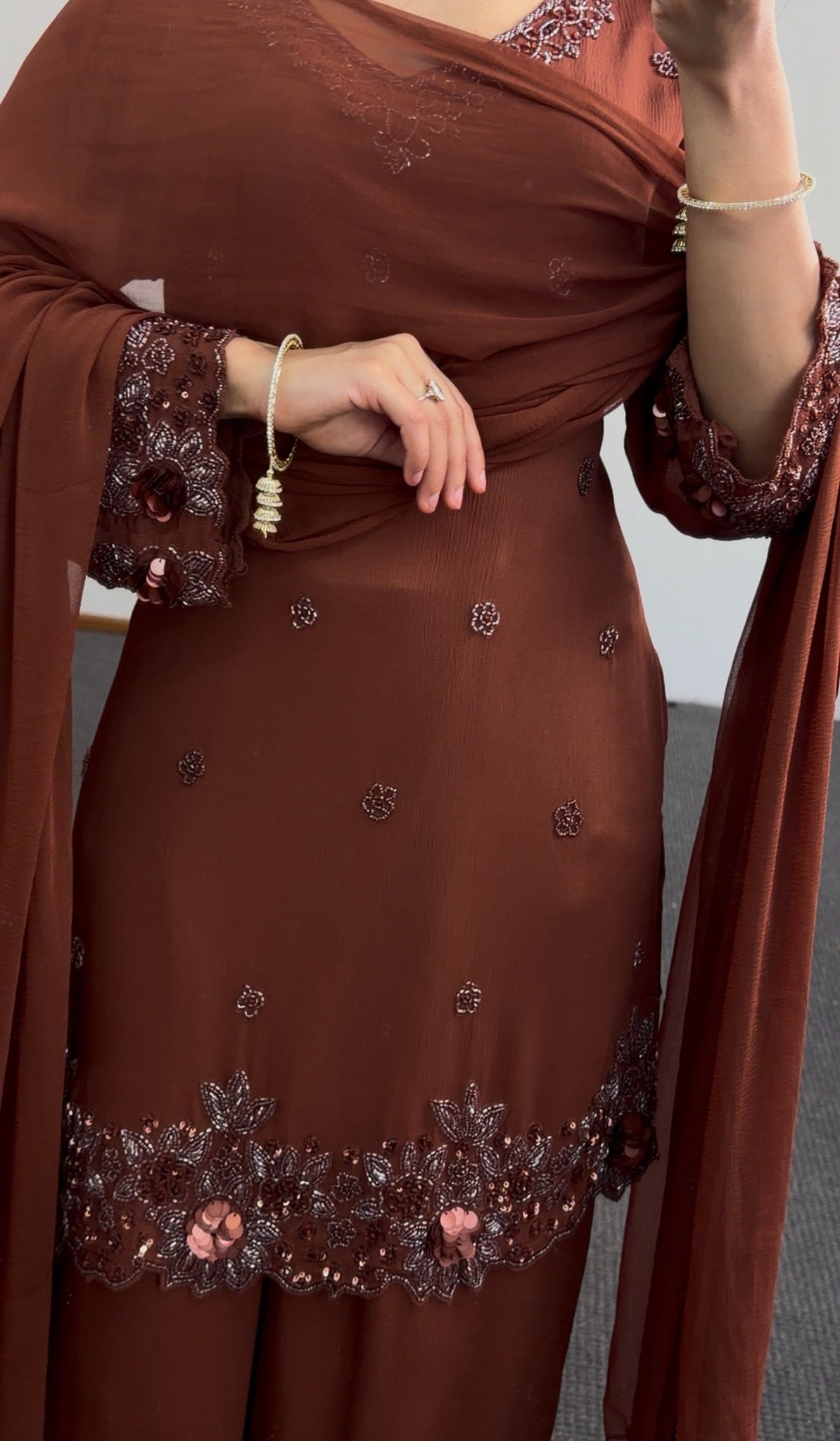 Rust brown palazzo suit set with floral embroidery, sequin work, and embellished scalloped hem — Behuli Australia — view 3