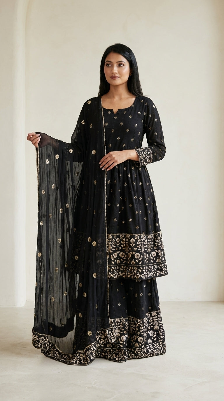Black and gold Anarkali sharara set with zari floral embroidery, tiered embroidered hem and matching sheer dupatta — Behuli