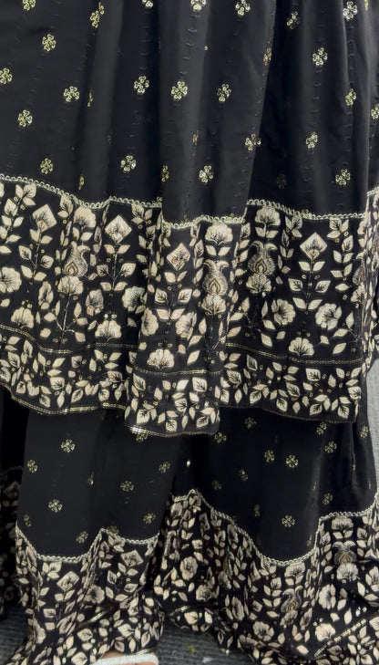 Black and gold Anarkali sharara set with zari floral embroidery, tiered embroidered hem and matching sheer dupatta — Behuli — view 4