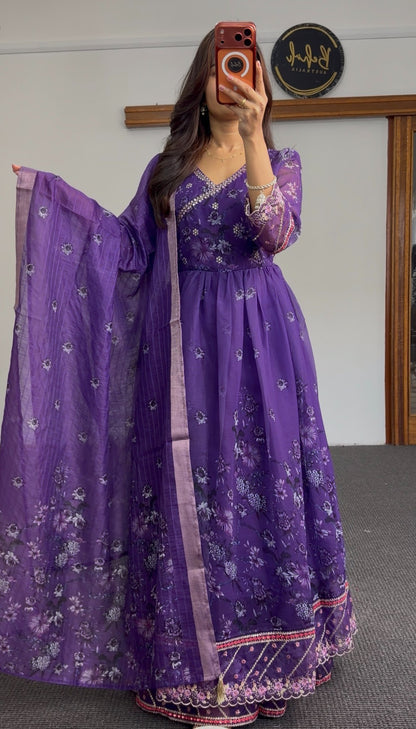 Purple floral print Anarkali gown with embroidered scalloped hem and matching dupatta — Behuli Australia