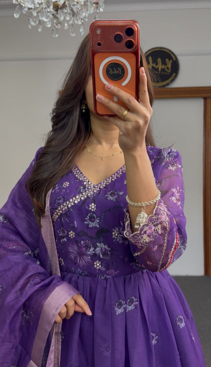 Purple floral print Anarkali gown with embroidered scalloped hem and matching dupatta — Behuli Australia — view 2