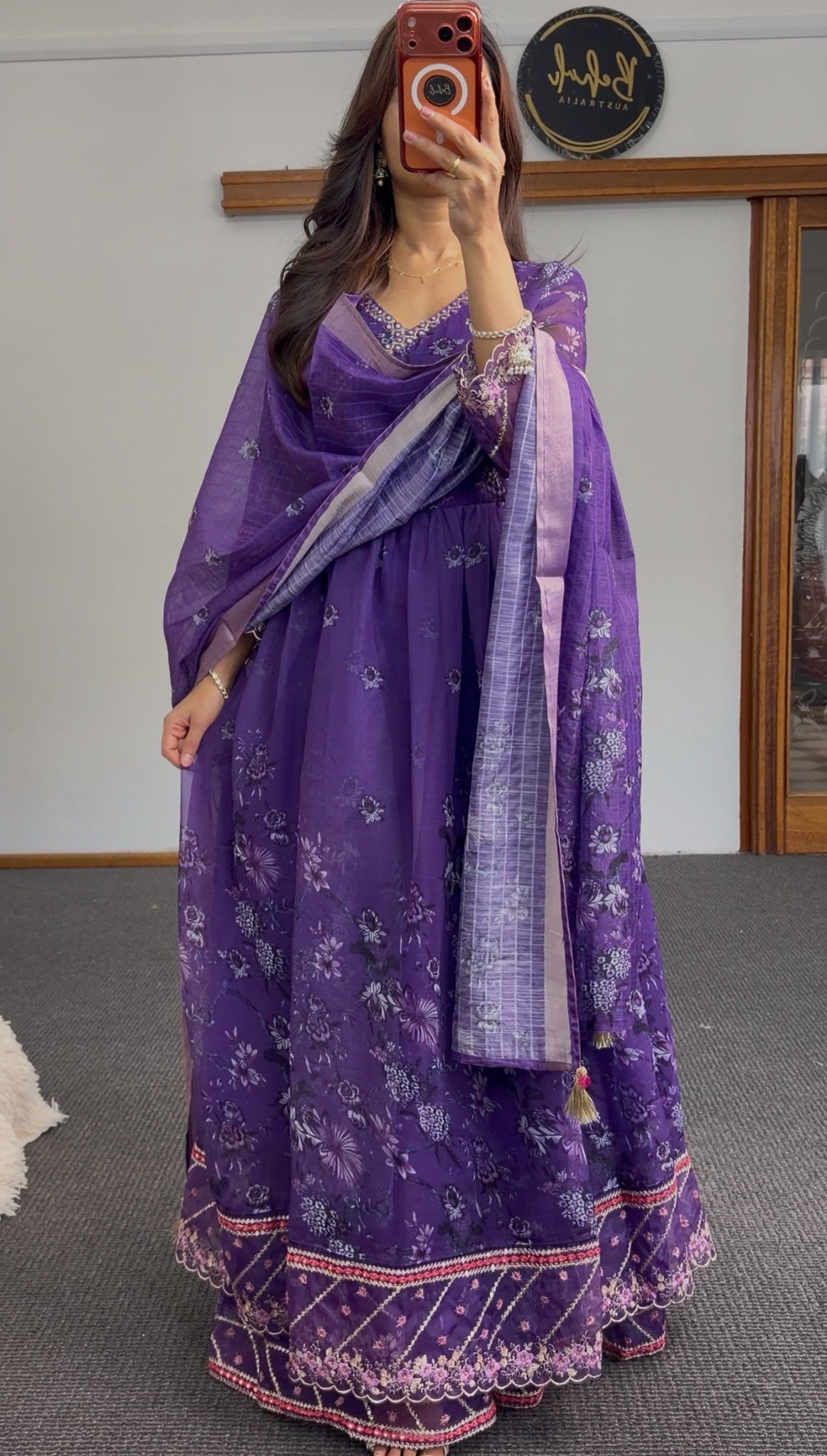 Purple floral print Anarkali gown with embroidered scalloped hem and matching dupatta — Behuli Australia — view 3
