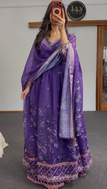 Purple floral print Anarkali gown with embroidered scalloped hem and matching dupatta — Behuli Australia — view 3