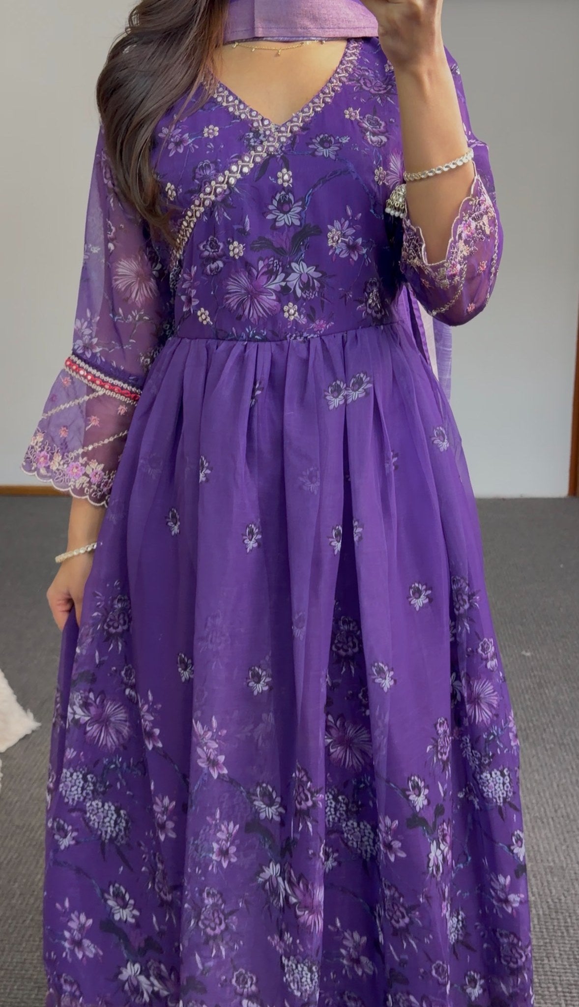 Purple floral print Anarkali gown with embroidered scalloped hem and matching dupatta — Behuli Australia — view 4