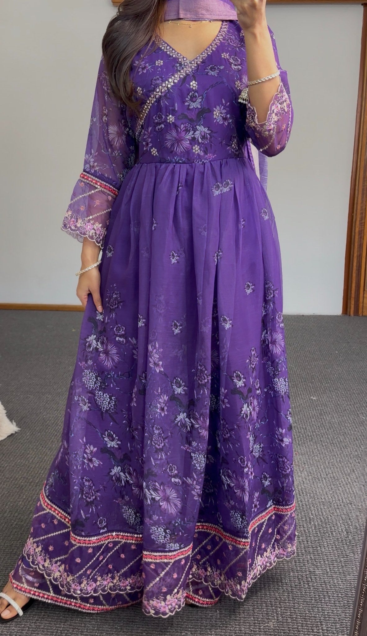 Purple floral print Anarkali gown with embroidered scalloped hem and matching dupatta — Behuli Australia — view 5