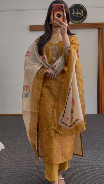 Mustard kurti set with sequin and mirror neckline embellishment, matching palazzo pants, and ivory floral printed dupatta — — view 2
