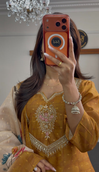 Mustard kurti set with sequin and mirror neckline embellishment, matching palazzo pants, and ivory floral printed dupatta — — view 3