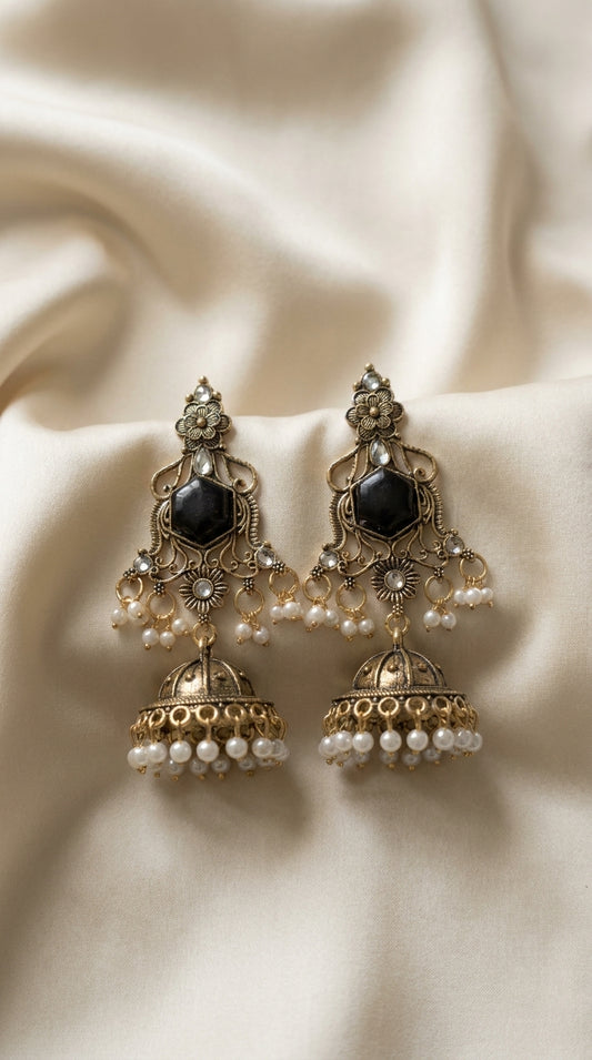 Antique gold oxidised jhumka earrings with black hexagonal stone, filigree frame, and pearl-finish bead drops — Behuli