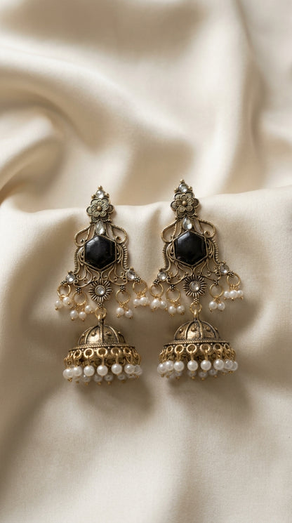 Antique gold oxidised jhumka earrings with black hexagonal stone, filigree frame, and pearl-finish bead drops — Behuli