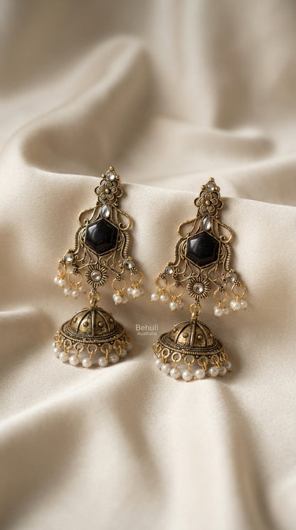 Antique gold oxidised jhumka earrings with black hexagonal stone, filigree frame, and pearl-finish bead drops — Behuli — view 2