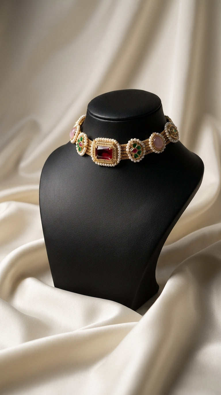 Gold choker necklace with pearl beadwork, ruby red and emerald green stone accents displayed on black bust