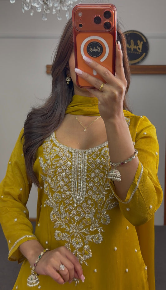 Mustard yellow kurti palazzo set with silver floral embroidery, pearl-style beading and matching dupatta — Behuli Australia — view 2