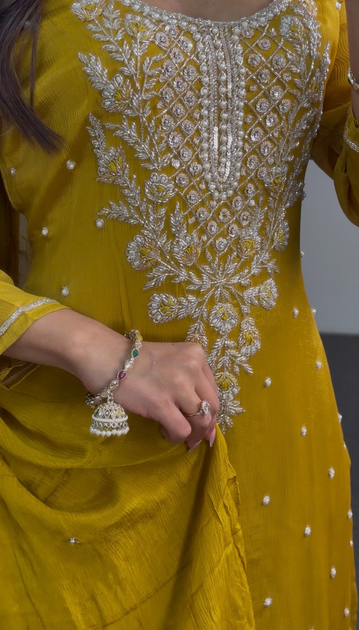 Mustard yellow kurti palazzo set with silver floral embroidery, pearl-style beading and matching dupatta — Behuli Australia — view 3