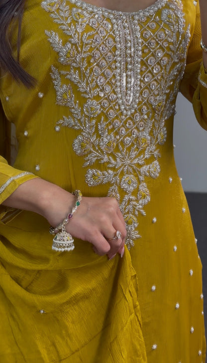 Mustard yellow kurti palazzo set with silver floral embroidery, pearl-style beading and matching dupatta — Behuli Australia — view 3