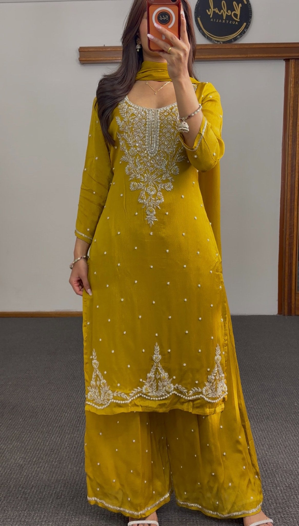 Mustard yellow kurti palazzo set with silver floral embroidery, pearl-style beading and matching dupatta — Behuli Australia — view 4